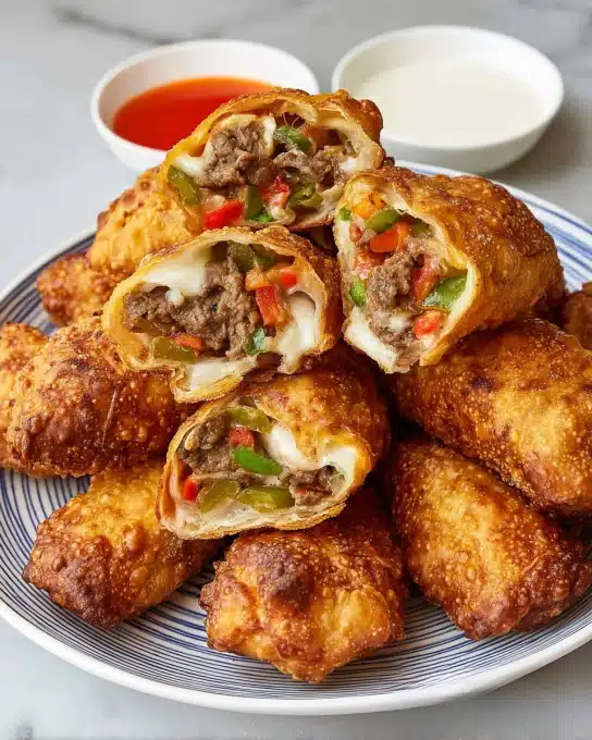 The image shows a white round plate filled with crispy golden-brown egg rolls arranged in a small pile. Some egg rolls are whole with a bubbly, crunchy texture on the outside, while others are sliced in half to show the inside layers. The inside has a mix of cooked ground meat with small pieces of green and red bell peppers, and some melted white cheese, creating a colorful contrast with the crispy outer shell. In the background, a white bowl with a creamy white dipping sauce can be seen on a white marbled surface. photo taken with an iphone --ar 4:5 --v 7