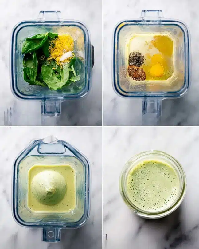 The image shows four steps of making a green sauce in a clear blender container over a white marbled surface. First, fresh green basil leaves, pale yellow Dijon mustard, a small amount of raw honey, black pepper, and bright yellow lemon zest sit layered in the blender. Next, golden oil and freshly squeezed lemon juice in light yellow liquid form cover the ingredients. In the third step, the contents are blended into a smooth pale green creamy sauce filling part of the clear blender. The final step shows the sauce poured into a clear glass jar, with a frothy light green liquid inside ready to drizzle on salad. Photo taken with an iphone --ar 4:5 --v 7