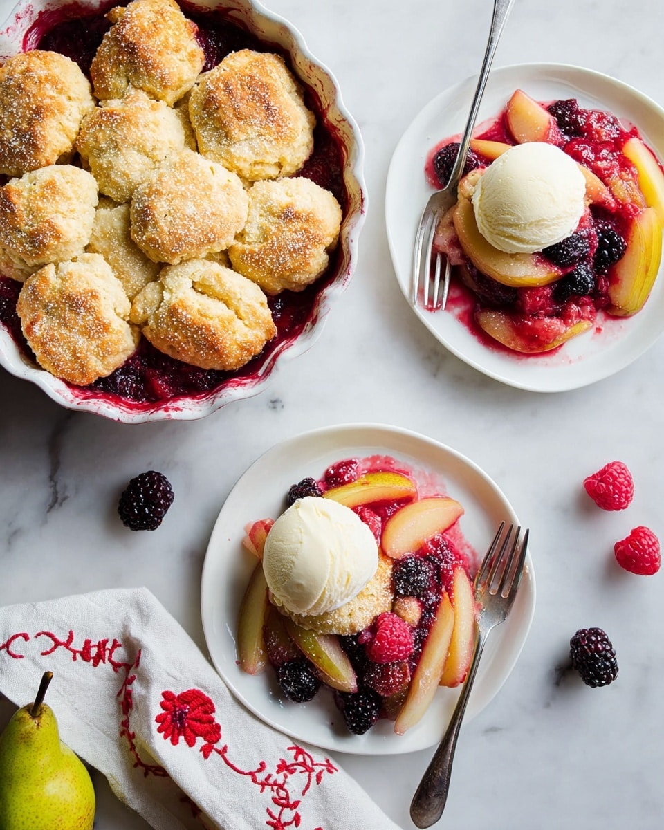 A round pie with a golden brown biscuit top layer made of about 19 evenly sized biscuits arranged closely together, each biscuit sprinkled lightly with coarse sugar, showing a soft and flaky texture. The biscuits sit on a visible deep red, jam-like fruit filling peeking between some gaps, inside a red pie dish. Underneath the pie dish, three crumpled cloths in terracotta, gray, and pale pink colors add texture. On the white marbled surface around the pie, there are scattered fresh berries including raspberries and blackberries, a green pear to the right, and a small glass vase with white and yellow flowers at the upper edge. A partly visible white plate with a folded white napkin edged in red lace is on the bottom left. Photo taken with an iphone --ar 4:5 --v 7