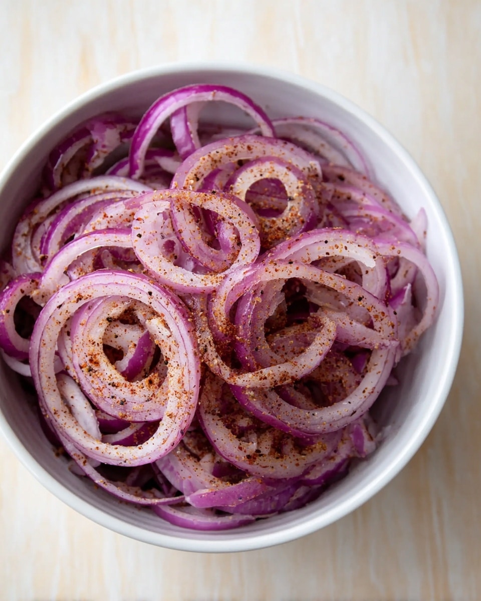 A white bowl filled with thinly sliced purple onion rings that have a light sprinkling of reddish brown spice all over them, showing a mix of translucent and solid purple layers, set on a white marbled textured surface photo taken with an iphone --ar 4:5 --v 7