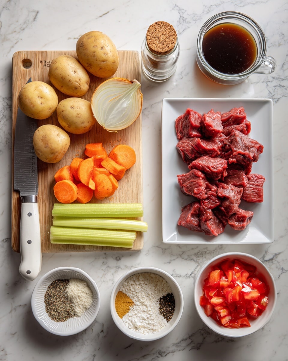 The image shows a top view of fresh ingredients neatly arranged on a white marbled surface. On the left, a wooden cutting board holds three light brown potatoes, a whole onion, two whole carrots, celery stalks, and several slices of carrot and celery near a sharp silver knife with a white handle. To the right of the cutting board, a white rectangular plate is filled with raw red meat cut into chunks. Above this plate, there is a small glass container with a cork lid, next to a clear glass cup filled with dark brown liquid. To the right, a white bowl contains bright red diced tomatoes in juice and below that is another white bowl with a mix of white flour and various spices, including black pepper and garlic powder. The photo taken with an iphone --ar 4:5 --v 7
