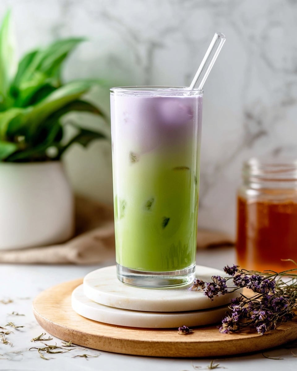 A tall clear glass shows a two-layered drink, with the bottom layer bright green and smooth, filling most of the glass, and the top layer pale purple with a creamy texture sitting on the green layer. A clear glass straw sticks out from the top right of the glass. The glass is placed on two stacked round white marble coasters, which sit on a light wooden round board. In the background, green leaves in a white pot and a small jar with amber liquid sit against a white marbled surface, with some dried sprigs of purple flowers lying on the wooden board in front of the glass. photo taken with an iphone --ar 4:5 --v 7
