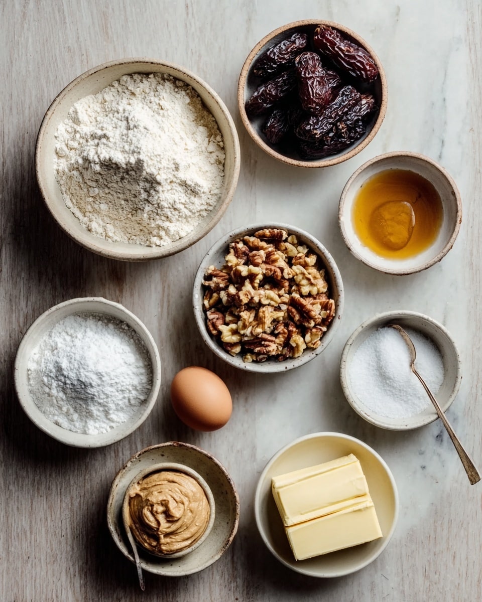 The image shows a white marbled table with seven small white bowls and one white dish arranged in a scattered way. From the top left, there is a bowl with white flour, next to it a bowl of dark dried dates. Below that is a bowl of mixed chopped nuts. To the right, a small bowl of light brown liquid, a small bowl of white salt, and a bowl with a single brown egg next to a bowl of light sugar. On the right side is a white dish with two yellow sticks of butter and a spoon inside a bowl with a light brown paste spread in it. The colors are natural and soft, with the textures of flour, nuts, and liquids clearly visible. photo taken with an iphone --ar 4:5 --v 7