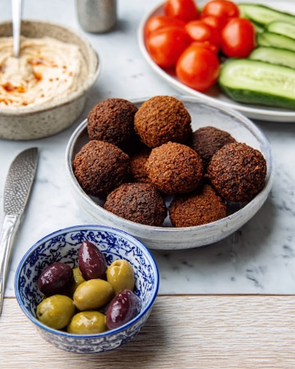 The image shows a white shallow bowl filled with nine round, crispy falafel balls that are dark brown and textured. Next to it, there is a small white bowl patterned with blue designs, holding a mix of green and purple olives. In the background on a white marbled surface, a white bowl contains fresh cucumbers, ripe red tomatoes, and a container with light, creamy hummus. A silver utensil is partially visible on the left side. The overall setting has a clean, fresh look with the food colors standing out against the white marbled background. photo taken with an iphone --ar 4:5 --v 7