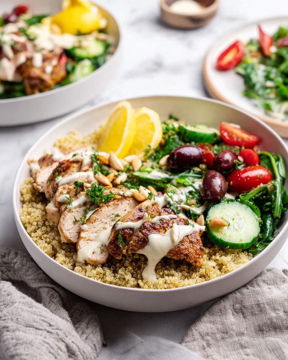 The white bowl is filled with a base layer of light tan quinoa covered in scattered green parsley leaves and pine nuts. On one side, there are sliced grilled chicken pieces with a golden brown and slightly charred texture drizzled with a light creamy white sauce. Next to it, two lemon wedges add bright yellow color. There is a fresh cucumber and cherry tomato salad with green leaves and halved red cherry tomatoes, also dressed with the creamy white sauce. Dark purple sliced olives sit near the salad, contrasting with the other colors. The bowl is set on a white marbled textured surface with a light gray cloth nearby. Another similar bowl and a plate with extra salad are visible in the blurred background. Photo taken with an iphone --ar 4:5 --v 7