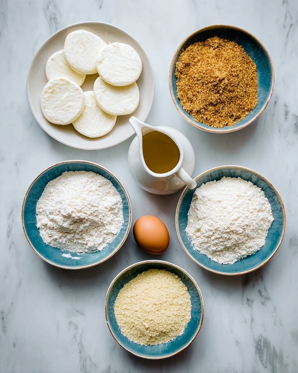 The image shows six white bowls on a white marbled surface, arranged in a loose rectangle. The top left bowl holds several round white cheese slices, with a soft, creamy texture. The top right bowl contains a heap of golden-brown crumbs with a coarse texture. In the center is a small white pitcher with a golden liquid, likely oil or syrup. The bottom row has four bowls: the left one is filled with white flour, the middle one contains a single brown egg, and the right one holds fine, pale yellow crumbs. photo taken with an iphone --ar 4:5 --v 7