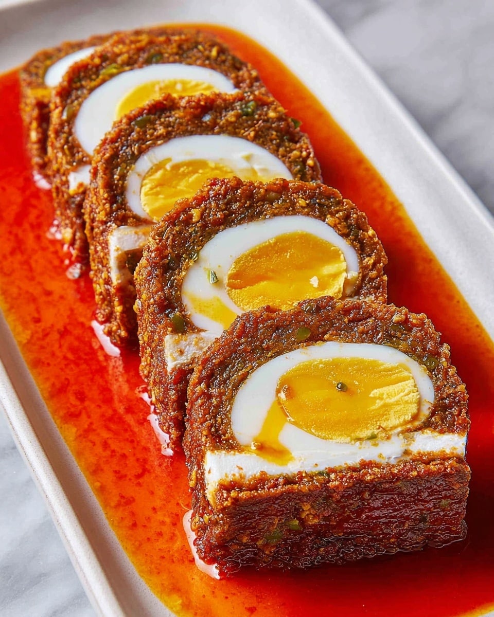 The image shows five thick slices of a layered dish arranged in a row on a white plate with a white marbled surface underneath. Each slice has three main visible layers: a bright yellow hard-boiled egg yolk in the center, surrounded by a white egg white layer, which is then wrapped by a thick, textured brown outer layer that looks spiced and slightly crispy. The slices sit on a pool of shiny, rich reddish-orange sauce that spreads around them, adding a vibrant color and moist look to the dish. The lighting highlights the crispy texture of the outer layer and the smoothness of the egg inside. photo taken with an iphone --ar 4:5 --v 7