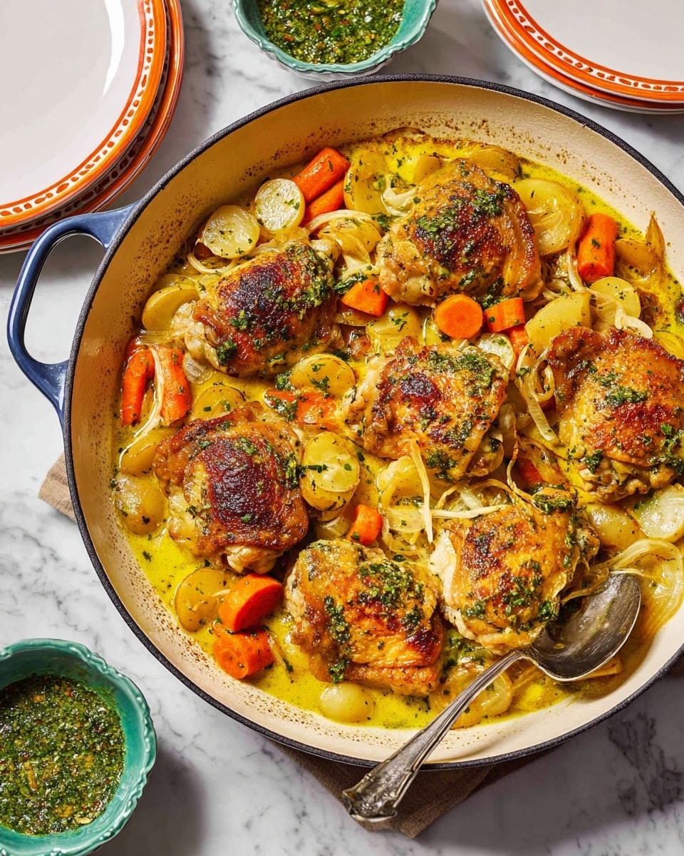 A white cast iron pan holds a dish with six pieces of golden-brown cooked chicken thighs, each topped with green herb sauce. Underneath the chicken are layers of small orange carrot sticks, light yellow sliced onions, and round golden potato slices, all mixed in a creamy yellow sauce. A silver spoon rests in the pan to the right side, partially under one chicken piece. Nearby, there are white plates stacked with an orange edge and a small green bowl filled with more green herb sauce on a white marbled surface photo taken with an iphone --ar 4:5 --v 7