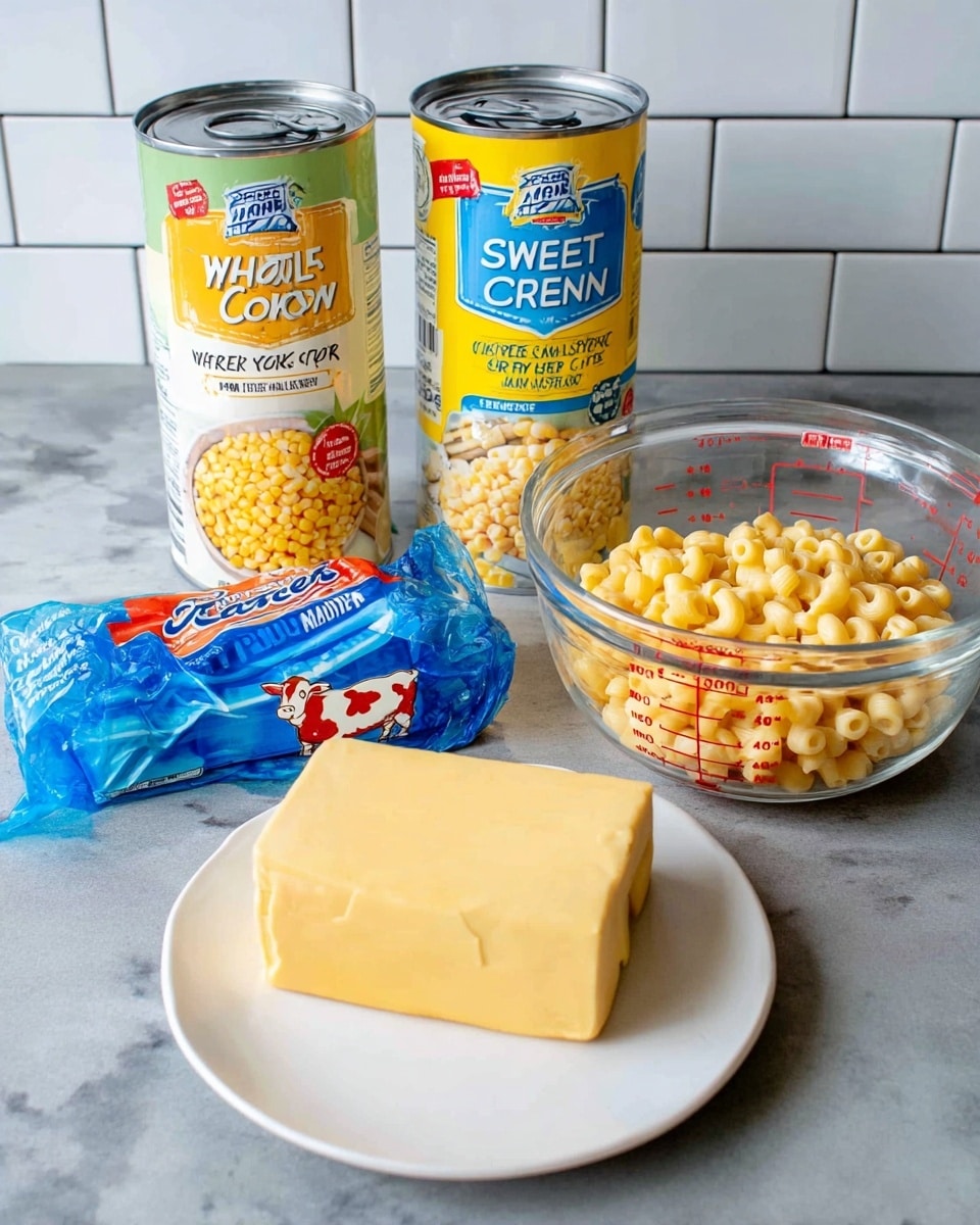 The image shows ingredients for a dish arranged on a white marbled surface with a white tiled wall in the background. There are two cans of corn, one labeled