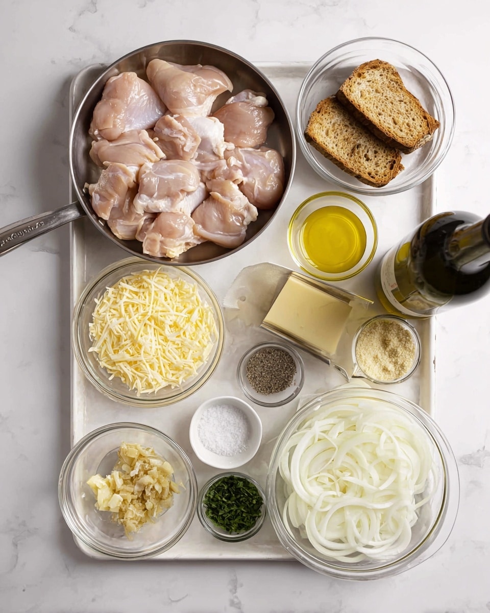 The image shows a tray with several bowls and a small metal pan of raw chicken thighs, all on a white marbled surface. The pan in the top left is full of pale pink raw chicken thighs. To the right of it, a glass bowl holds toasted pieces of brown bread. Below the chicken, a clear glass bowl is filled with shredded pale yellow cheese. Next to this, a tiny dish contains minced garlic and ginger. A small cup of melted butter sits to the right, beside a bowl of chopped green herbs. Above the herbs is a small dish of white salt and a black dish of black pepper. On the bottom right is a large clear bowl packed with thinly sliced white onion rings. To the far right on the surface, there is a dark green bottle of white wine. Photo taken with an iphone --ar 4:5 --v 7