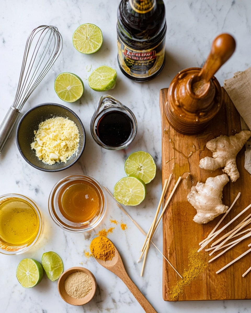 The image shows a wooden cutting board on the right side with peeled ginger slices and several squeezed lime halves in bright green and light yellow colors. Next to the board is a wooden citrus juicer with orange juice stains. On the white marbled countertop are various small bowls and spoons: a black bowl with finely grated ginger in light yellow, a small light brown bowl with a creamy white paste, a glass measuring cup with dark brown liquid, a glass jar with golden honey and a gold spoon inside, and wooden spoons holding bright yellow turmeric powder and a light beige powder. Thin bamboo skewers are laid diagonally across the top part of the board near a dark bottle of soy sauce with a bright label. A silver whisk rests near the top left corner. Photo taken with an iphone --ar 4:5 --v 7