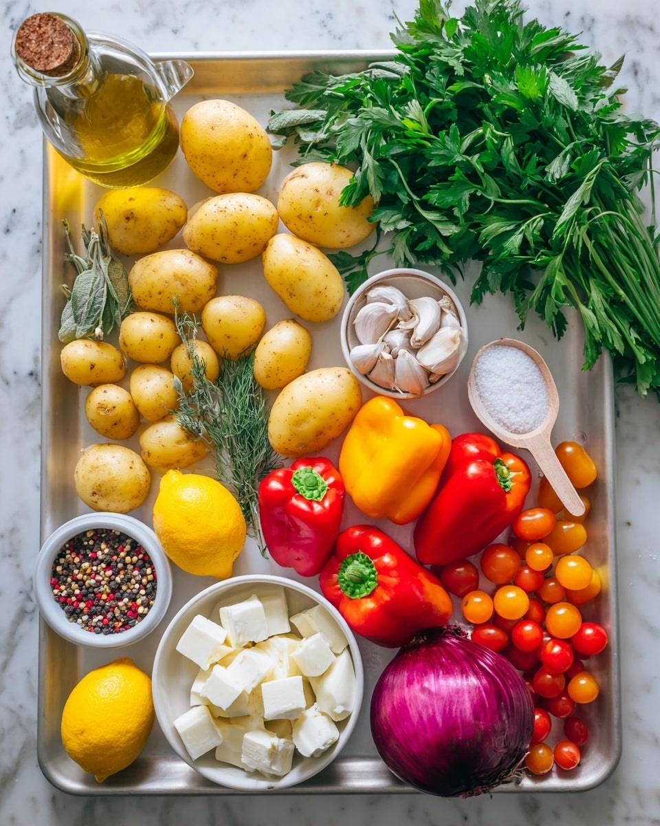 A collection of fresh ingredients is arranged neatly on a white marbled surface, showcasing bright yellow fingerling potatoes spread in the lower left, with sprigs of green herbs like dill and oregano near them. To the right, a group of red, orange, and yellow mini bell peppers cluster beside a white bowl filled with chunky white cheese cubes. Three bright yellow lemons sit nearby along with a whole garlic bulb. A small white bowl of mixed peppercorns and a white container with a wooden spoon holding salt are placed in the upper right corner. A bunch of fresh parsley rises from the bottom right, next to a pile of small red and orange cherry tomatoes and a large purple onion. A glass bottle of golden oil is positioned on the top left. Photo taken with an iphone --ar 4:5 --v 7