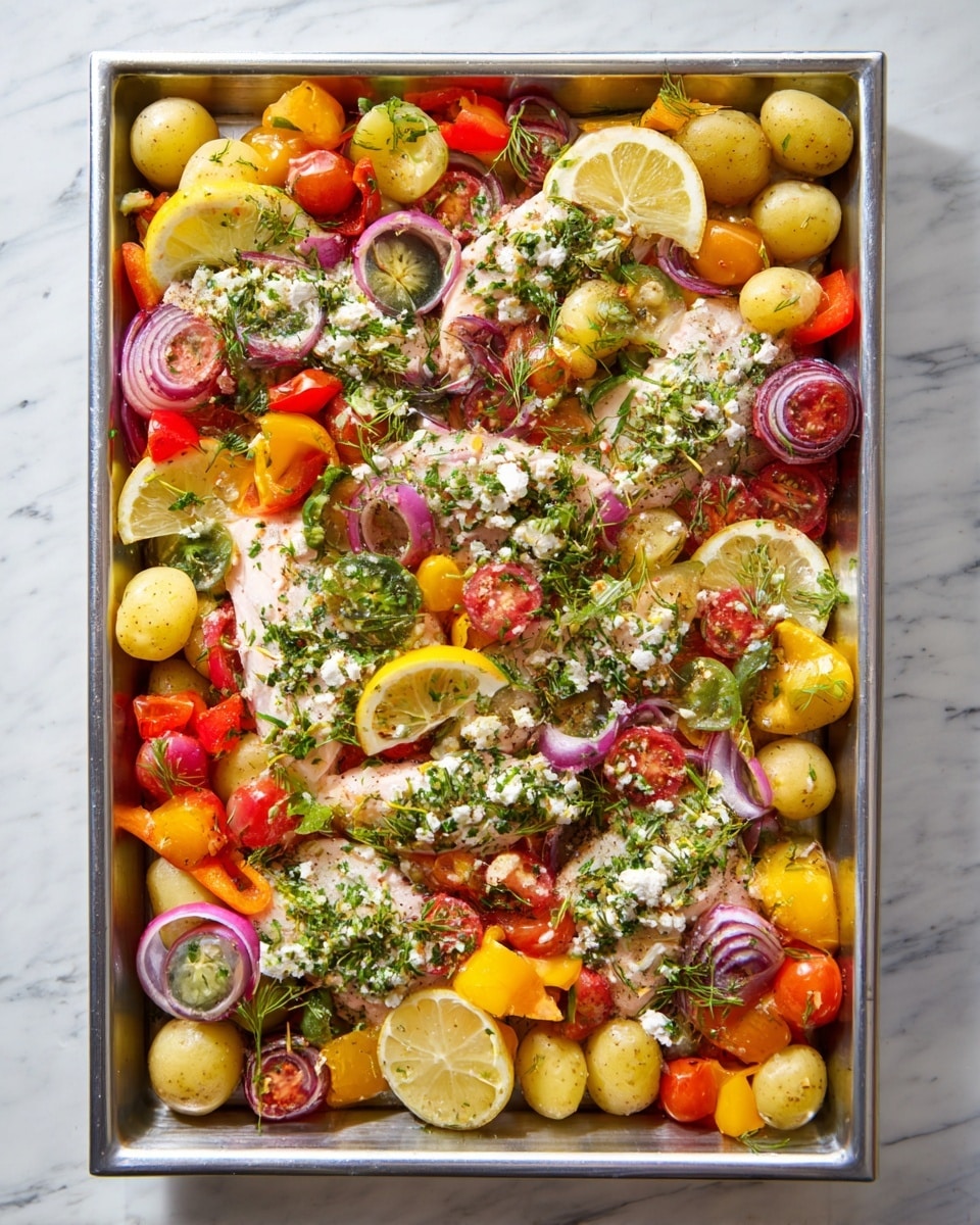 The image shows a large silver baking tray filled with a colorful mix of fresh ingredients on a white marbled surface. The base layer is small yellow potatoes, scattered all over the tray. On top of the potatoes are slices of uncooked pale chicken, each piece topped with white crumbly cheese mixed with green herbs. Around the chicken and potatoes, there are slices of bright red and orange bell peppers, thick slices of purple onion, and whole grape tomatoes in red, yellow, and green colors. Thin lemon slices are placed evenly across the tray. Green herb sprigs are scattered across everything, adding a fresh look to the dish. The whole scene is bright with natural lighting, showing the fresh and vibrant ingredients. photo taken with an iphone --ar 4:5 --v 7