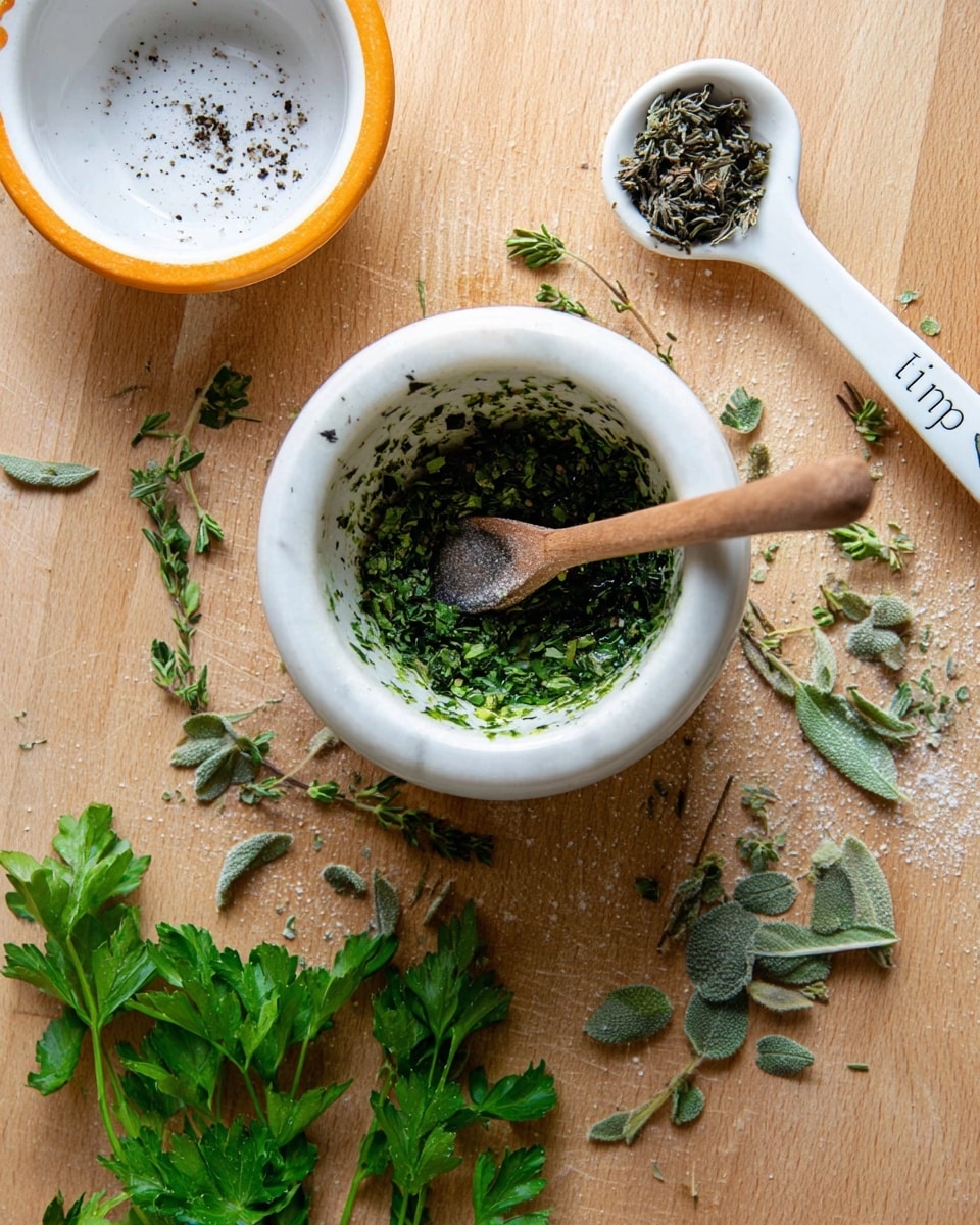 A white mortar holds one layer filled with chopped dark green herbs mixed with coarse gray salt and black pepper, stirred by a small wooden spoon resting inside. Around the mortar on a light brown wooden surface scattered pieces of green herbs and leaves are visible, including a sprig of parsley with bright green leaves at the bottom. To the upper left of the mortar is a small white bowl with an orange outer edge, its surface showing some black specks, and to the upper right is a white measuring spoon labeled