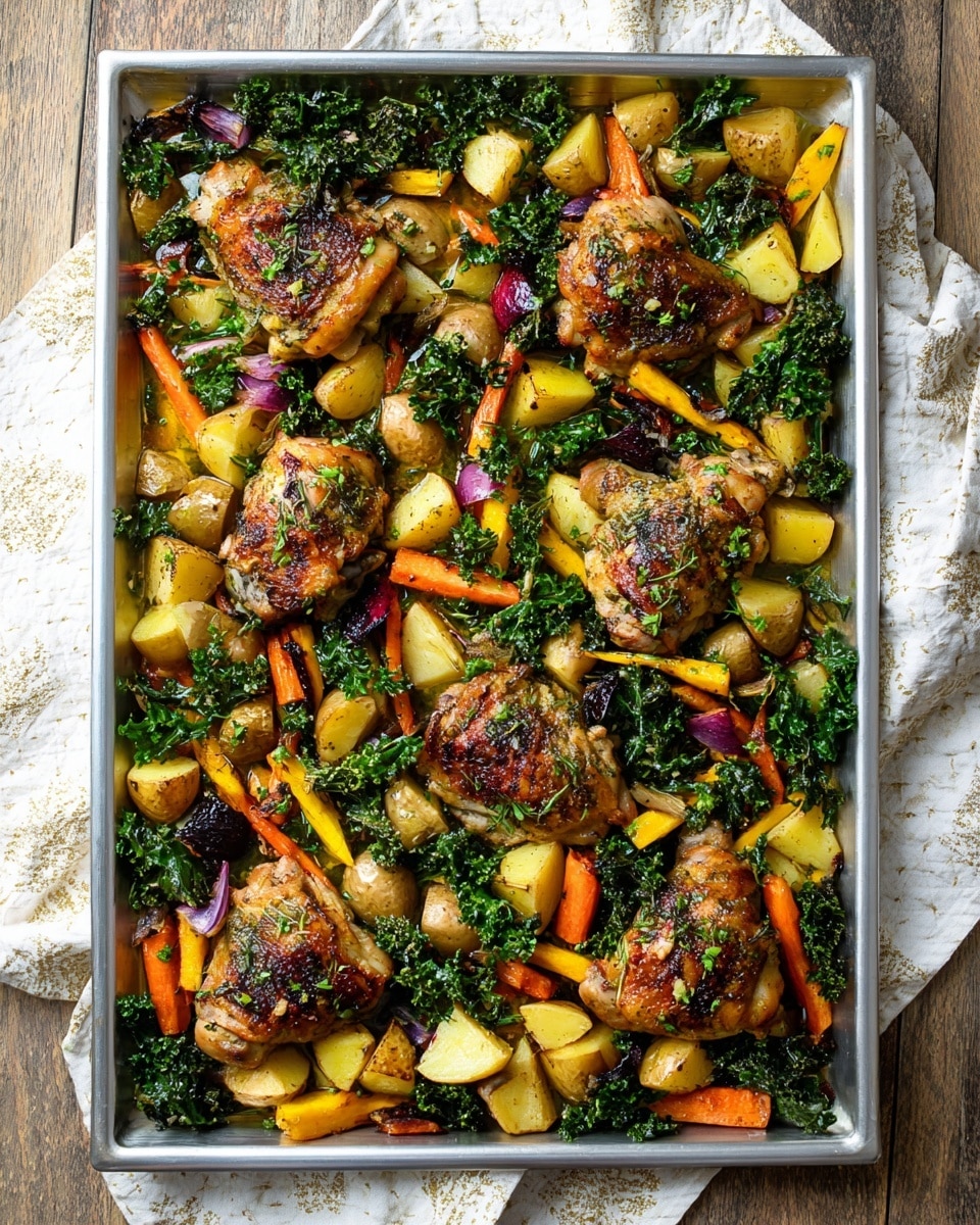 A large silver baking tray filled with roasted chicken pieces and mixed vegetables on a white marbled surface. The tray holds six browned chicken thighs with herbs sprinkled on top. Around the chicken are chunks of golden roasted potatoes, whole colorful carrots in orange, yellow, and purple, and bright green kale leaves scattered throughout. The vegetables and chicken are evenly spread across the tray, showing a mix of roasted textures, with some caramelized edges and fresh herb garnish. Photo taken with an iphone --ar 4:5 --v 7