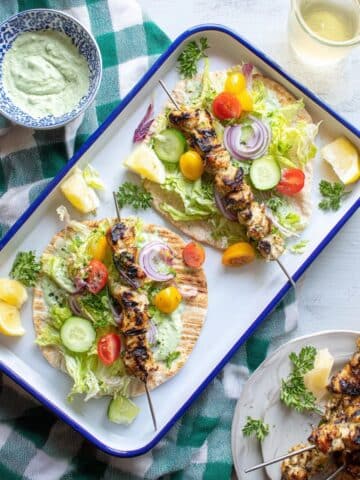 Feta Brined Chicken Skewers with Herby Feta Sauce Recipe