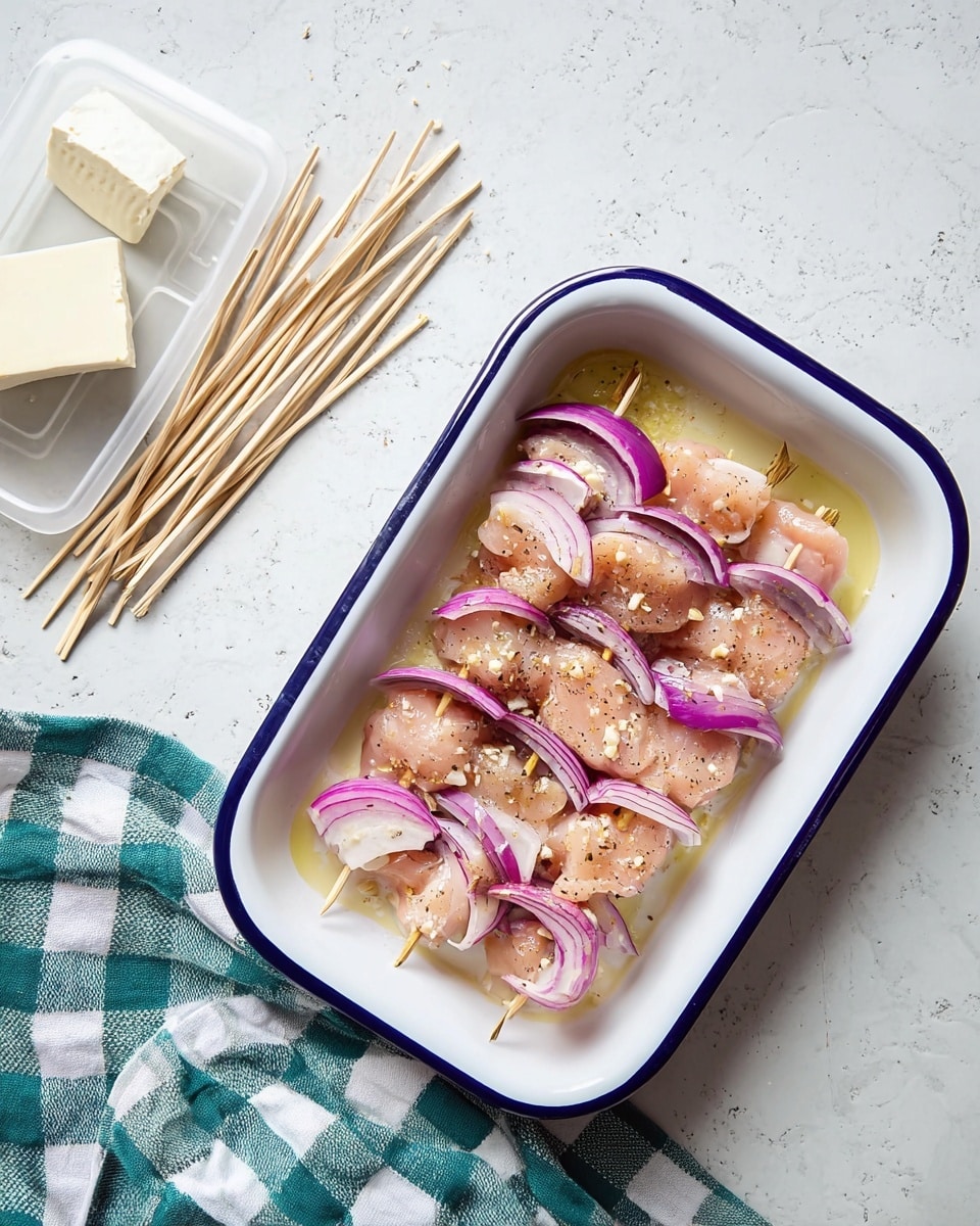 A white rectangular dish with a dark blue rim contains five skewers arranged side by side, each skewer holding several pieces of light pink raw chicken layered with wedges of purple-red onion; the skewers sit in a pale yellow marinade, speckled with small bits of white garlic and black pepper. To the left of the dish, there are several empty wooden skewers resting near a green, white, and dark blue checkered cloth. In the bottom left corner, there is an open white container with a block of white cheese visible. All items are placed on a surface with a white marbled texture. photo taken with an iphone --ar 4:5 --v 7