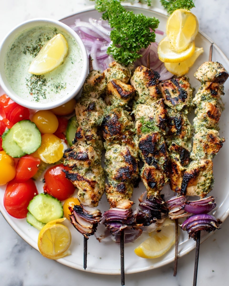 The image shows five skewers of grilled chicken pieces with a light green herb sauce and charred edges, mixed with slices of grilled red onion, arranged on a white plate. Around the skewers, there are colorful fresh vegetable slices including red and yellow cherry tomatoes, cucumber rounds, and purple onion slices. Lemon wedges are scattered near the skewers, some underneath and some beside them. To the top left of the plate, a small white bowl contains a creamy green herb dip, with a lemon wedge garnishing the dip and some green parsley leaves nearby. The plate rests on a white marbled surface. Photo taken with an iphone --ar 4:5 --v 7