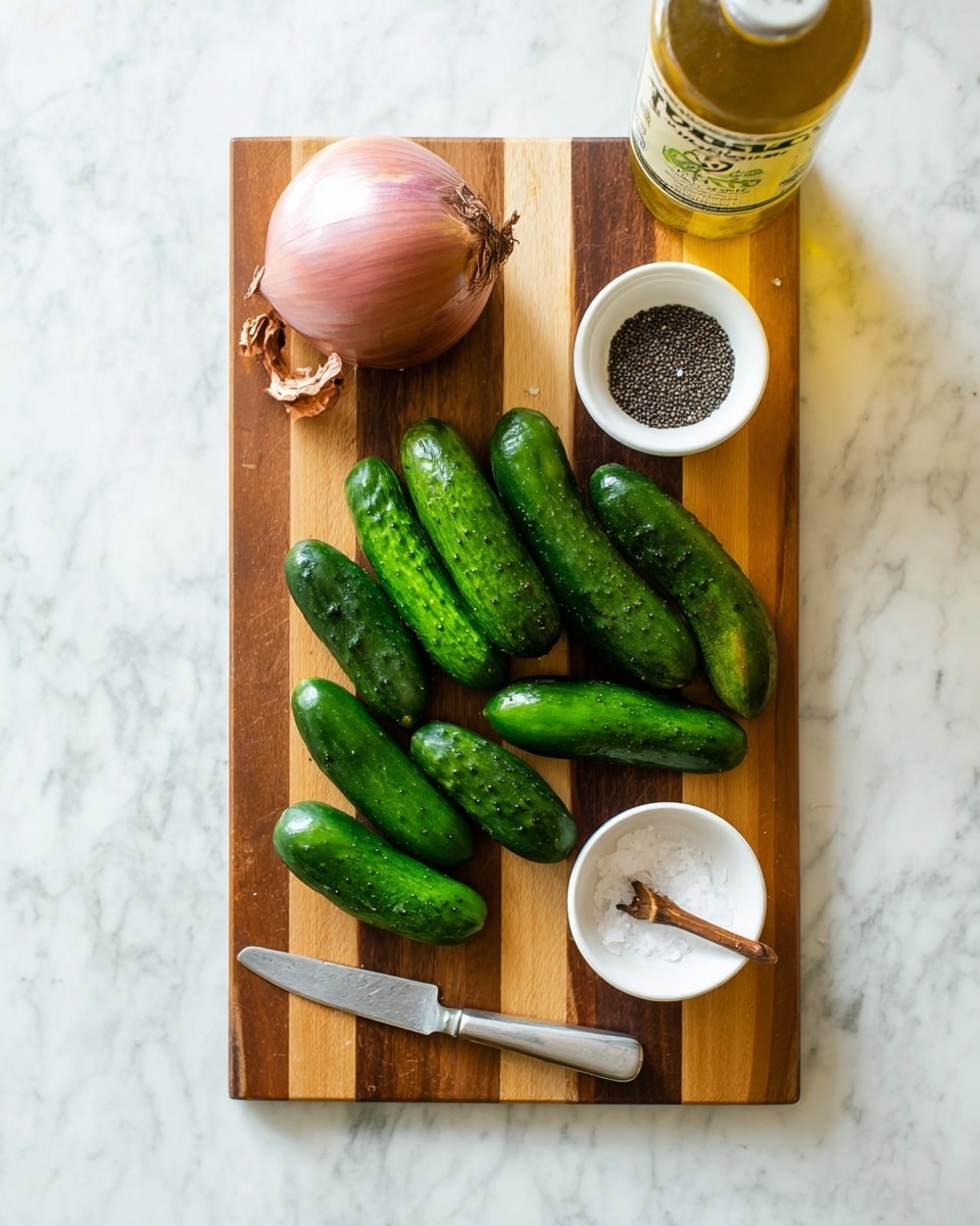 The image shows a wooden cutting board with alternating light and dark wood stripes placed on a white marbled surface. On the board, there are twelve small, shiny green cucumbers grouped together slightly right of center. To the left of the cucumbers, there is a whole shallot with a reddish-brown skin, and below it lies a silver knife with a shiny metal handle. Near the top of the board, a tall bottle with a blurred label containing a yellow liquid is visible. Two small white bowls rest at the top right corner; one is filled with black seeds, and the other has white salt with a small wooden spoon resting inside. The photo was taken with an iphone --ar 4:5 --v 7