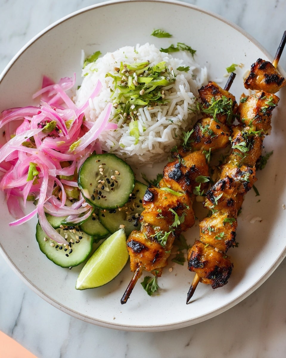 Two wooden skewers with grilled golden-brown pieces of chicken sit on the right side of a white plate, sprinkled with fresh green herbs. On the left side of the plate, there is a mound of white rice topped with thin pink pickled onions and green sliced scallions. Below the rice, there is a small serving of cucumber salad with round cucumber slices, thin pale purple onion slices, and some black sesame seeds scattered on top. A lime wedge is placed near the chicken skewers on the white marbled surface. The photo taken with an iphone --ar 4:5 --v 7