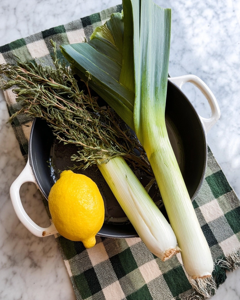 A white pan holds two long green and white leeks lying across the pan from bottom left to top right. Around the leeks are small sprigs of dried green herbs, and a bright yellow lemon is placed near the bottom left of the pan inside the herbs. The pan rests on a cloth with a green, black, and beige checkered pattern on a white marbled surface. Photo taken with an iphone --ar 4:5 --v 7