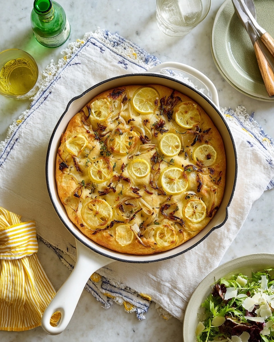 A round focaccia bread with a golden-brown crust sits inside a white cast iron pan with a long handle. The bread has a single thick layer, topped with thin, circular lemon slices arranged evenly across the surface, and small, browned pieces of grilled onion spread over it. The pan rests on a folded white cloth with blue and yellow stitching, placed on a white marbled surface. Nearby are a striped yellow and white oven mitt, a clear glass of water, a green glass bottle, a white plate with a small salad of greens and shaved cheese, and a glass bowl with salad and wooden tongs. Photo taken with an iphone --ar 4:5 --v 7