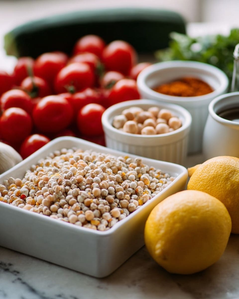 The image shows a close-up of ingredients arranged on a white marbled surface. In the foreground, there is a white square dish filled with small, round beige grains with some light brown bits mixed in. Behind it, a white bowl holds larger, light beige chickpeas. To the left side of the image, there are many small red cherry tomatoes clustered together, with a dark green cucumber partially visible at the edge. Further back, two bright yellow lemons sit next to a small white bowl filled with a reddish-brown spice powder, and another white bowl with a dark liquid inside. A green leafy bunch is blurred in the background. Photo taken with an iphone --ar 4:5 --v 7