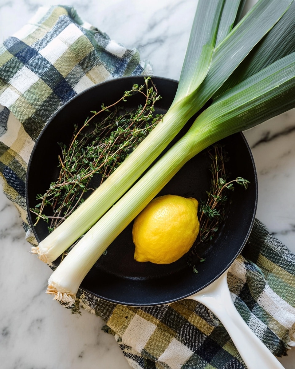 A black cooking pan with a white handle is placed on a folded checkered cloth with green, cream, and navy blue squares, all sitting on a white marbled surface. Inside the pan, there are two long leeks with green to white gradient leaves lying diagonally, accompanied by a bright yellow lemon and several sprigs of thyme with small green leaves and woody stems scattered beneath and around the lemon. The scene is brightly lit, showing the texture of the leek leaves, the lemon's smooth but slightly dimpled skin, and the delicate thyme leaves. Photo taken with an iphone --ar 4:5 --v 7