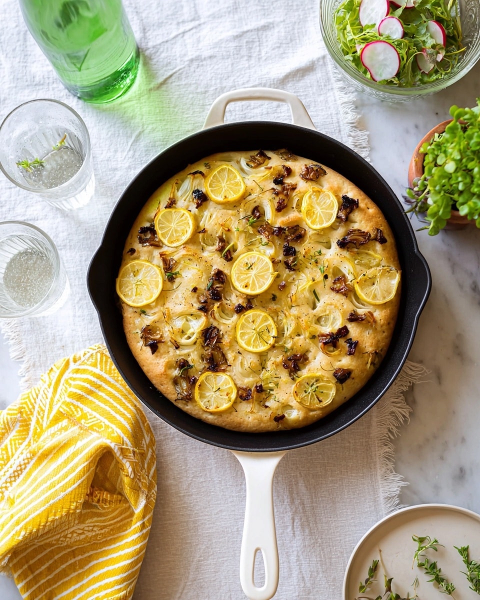 A round focaccia bread baked in a black skillet with a white handle sits on a white cloth and a yellow striped oven mitt on a white marbled surface. The focaccia has a golden crust with an uneven, textured top layer dotted with small brown toasted bits and scattered slices of bright yellow lemon. Small chopped pieces of browned vegetable, likely leeks, are spread evenly across the surface, adding a mix of dark and light brown colors. Around the skillet, there is a clear glass of water, a green glass bottle, a small plant in a white pot, a glass bowl with green salad and radish slices, and a white plate with a few green herbs on it. Photo taken with an iphone --ar 4:5 --v 7