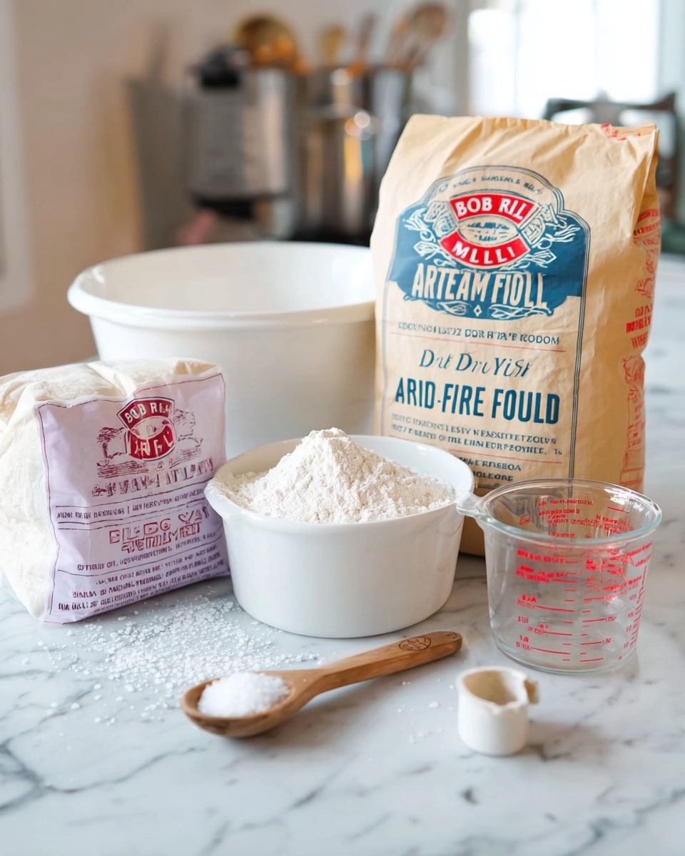 The image shows baking ingredients arranged on a white marbled surface. At the back, there is a large white bowl and next to it a bag of Bob’s Red Mill Artisan Bread Flour with a beige, blue, and red design. In front of the flour bag is a smaller pink and beige bag of Bob’s Red Mill Active Dry Yeast. In the middle, there is a white measuring cup filled with flour, and to the right, a clear Pyrex glass measuring cup contains clear water with red markings. A wooden spoon with white yeast granules sits at the front left, and a small white container with a beige spoon filled with salt is at the front right. The background includes slightly blurred kitchen furniture, adding a soft, homey feel to the scene. Photo taken with an iphone --ar 4:5 --v 7