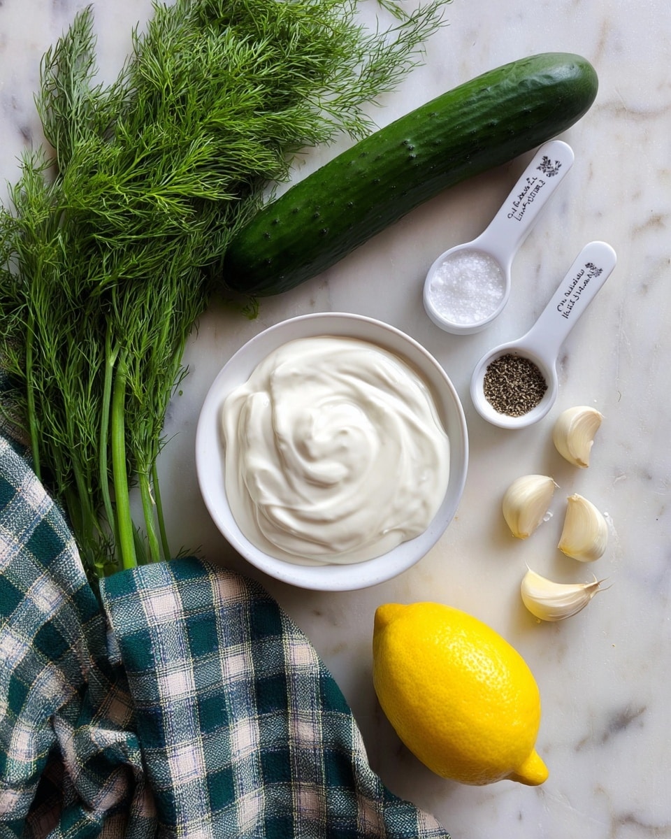 The image shows fresh ingredients arranged on a white marbled surface, including a bunch of green dill with feathery leaves in the top left corner, a whole dark green cucumber positioned horizontally near the center, and a bright yellow lemon to the right of the cucumber. Below the cucumber is a white bowl filled with smooth, swirled white yogurt or cream. Near the lemon are several garlic cloves with papery white skins scattered around. To the top right are two small white measuring spoons, one filled with coarse salt and the other with ground black pepper. A green, white, and navy blue checkered cloth is placed loosely at the bottom and right edges. The colors are natural and fresh, creating a clean and simple composition. photo taken with an iphone --ar 4:5 --v 7