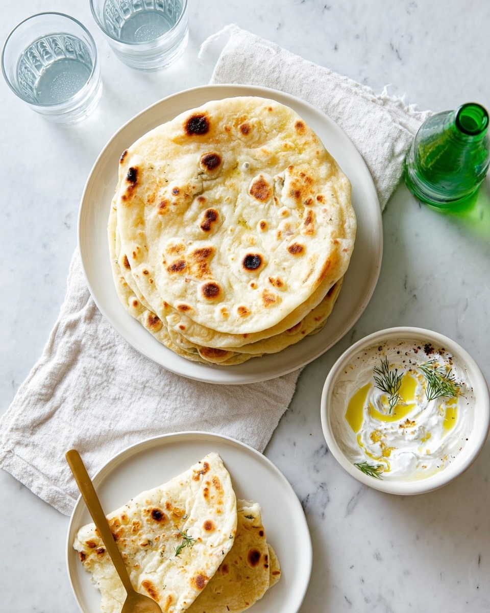 A stack of five round, soft flatbreads with golden brown spots is placed on a white plate on a white marbled surface next to a white cloth napkin. Below, another white plate holds two pieces of flatbread, one spread with white creamy sauce, beside a small white bowl filled with thick creamy yogurt-like sauce garnished with green dill sprigs, a drizzle of olive oil, and some black pepper. A gold spoon rests on the plate partly on the flatbread with sauce. Two clear glasses of water and a green glass bottle are also on the marbled surface. photo taken with an iphone --ar 4:5 --v 7
