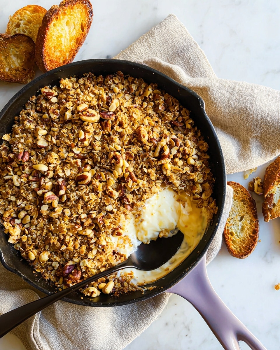 The image shows a closely packed dessert in a black skillet with a light purple handle on a beige cloth on a white marbled surface. The dessert has one main layer made of a golden-brown crumble topping mixed with nuts and oats, giving it a crunchy texture with scattered brown and off-white pieces. In the center, a small section has been scooped out by a black spoon, revealing a smooth, creamy, pale yellow filling underneath that contrasts with the rough, nutty topping. Nearby, part of toasted bread is visible on the white marbled surface, adding a crispy element. Photo taken with an iphone --ar 4:5 --v 7