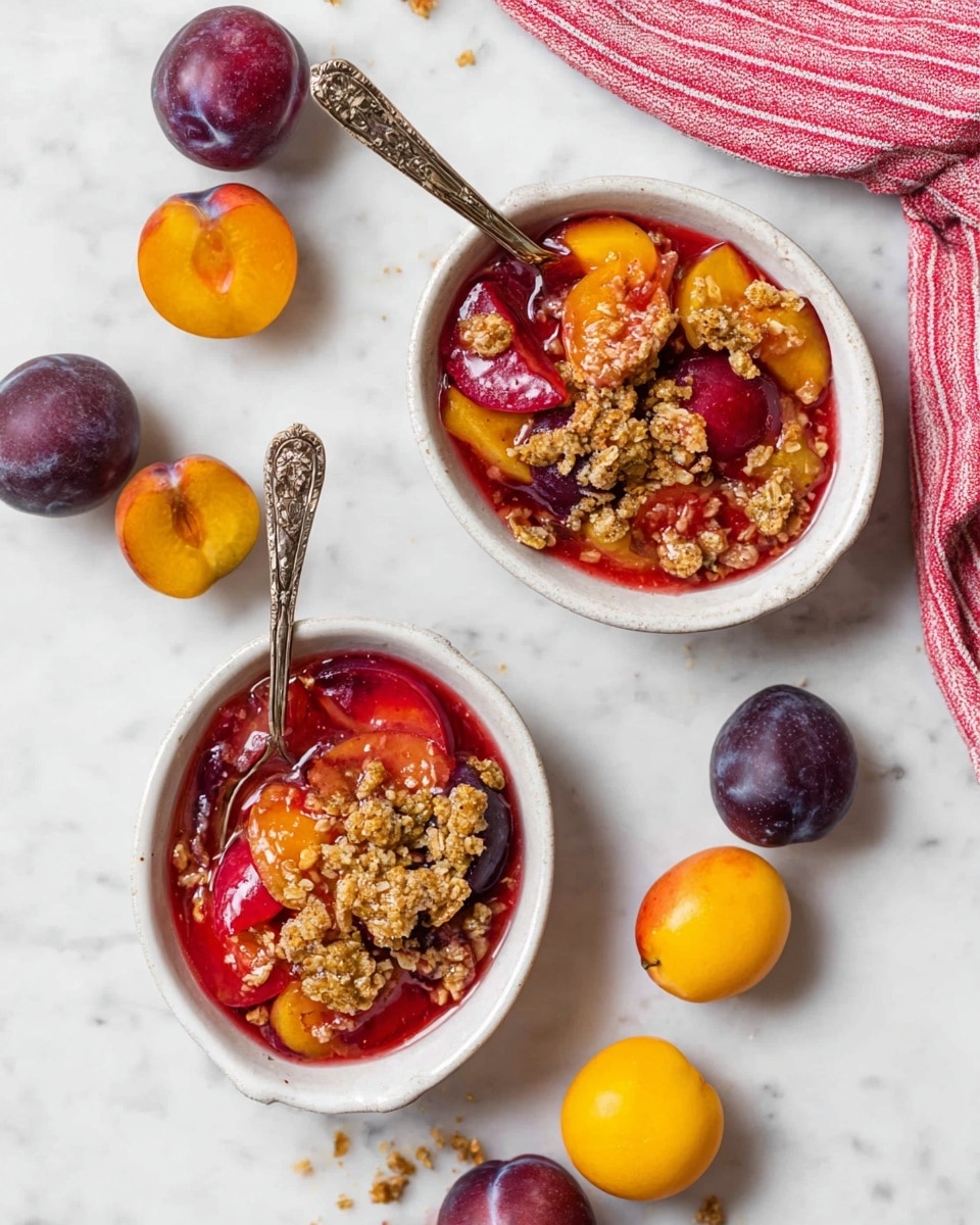 Two white oval bowls are placed on a white marbled surface, each filled with a layered dessert made of cooked plum slices in red, orange, and purple colors. The fruit sits in a juicy red sauce, topped with crumbly, golden-brown granola pieces that add texture. Each bowl has an ornate silver spoon dipped into the fruit mixture. Around the bowls, fresh whole plums in yellow, red, and dark purple are scattered, with a red and white striped cloth partially visible at the top right corner. The scene is bright and inviting, with soft natural lighting. photo taken with an iphone --ar 4:5 --v 7