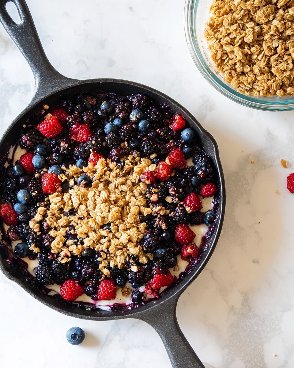 A black cast iron pan with a shiny, slightly swirled white layer spread on the inside forms the base, topped with a thick layer of mixed fresh berries including dark blackberries, deep blue blueberries, and bright red raspberries, creating a rich, colorful bed. Scattered unevenly on top is a crumbly golden-brown granola topping, with visible oats and nuts, adding texture and warmth to the vibrant fruit. To the right, a clear glass bowl filled with more of the golden granola rests on a white marbled surface. A single blueberry sits near the pan's handle on the same white marbled background. photo taken with an iphone --ar 4:5 --v 7