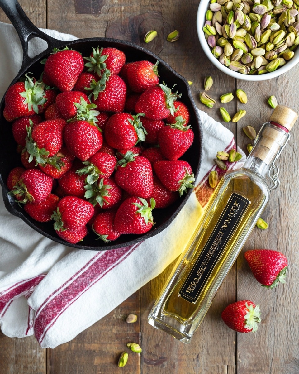The image shows a black cast iron skillet filled with bright red strawberries with green tops, layered tightly inside. The skillet rests on a white cloth with red stripes on a wooden surface. Above this skillet, near the top right corner, there is a white bowl full of green pistachios with rough textures, with some pistachios scattered around the bowl and on the wooden surface. Near the bottom right, a clear glass bottle with a golden liquid and a black and gold label stands upright. Around the bottle, a few pistachios and strawberries lie loose on the wooden surface. The entire scene is set on a white marbled textured background. photo taken with an iphone --ar 4:5 --v 7