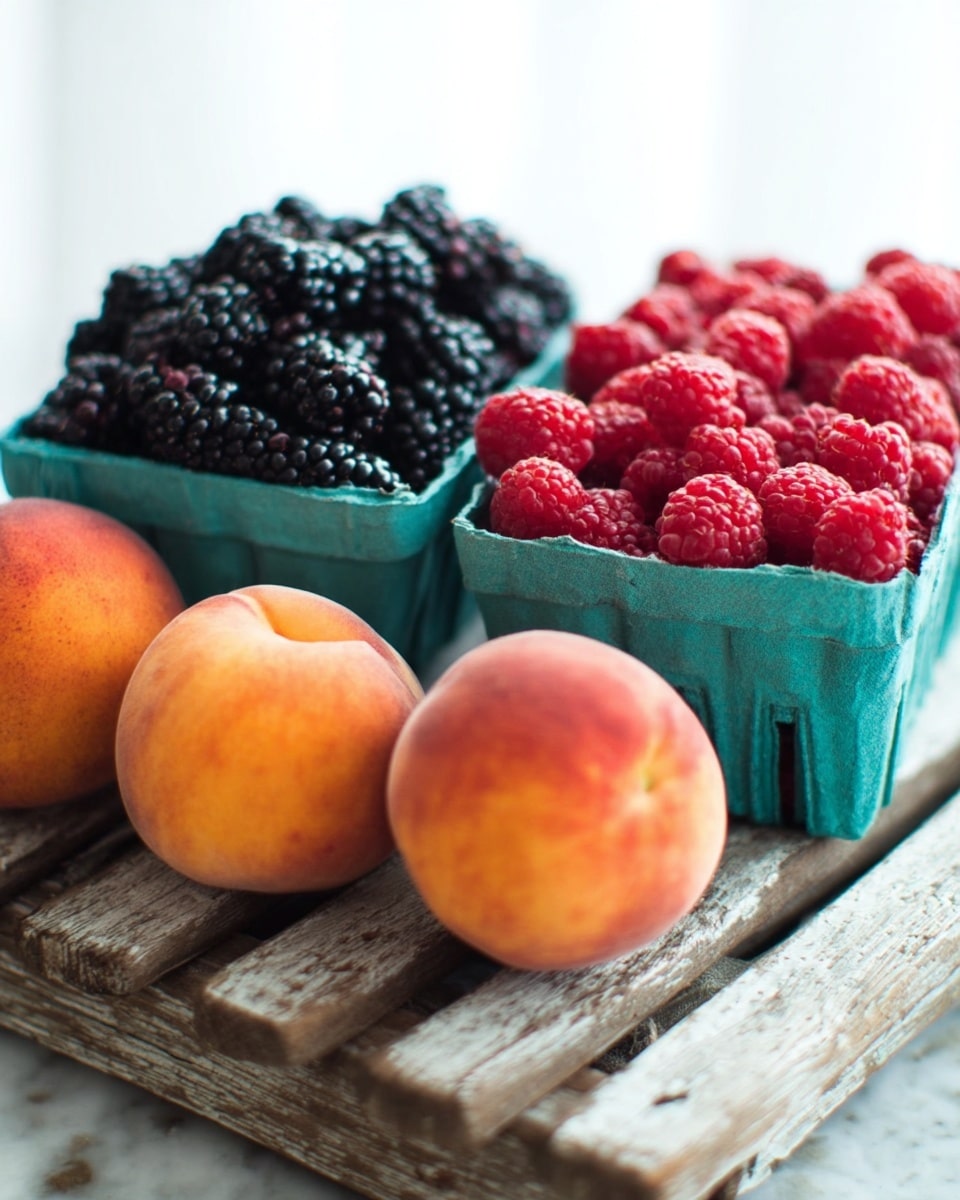 The image shows a close-up of two teal berry cartons placed side by side on a rustic wooden crate, set against a white marbled surface and a softly lit white background. One carton is filled with dark blackberries that are shiny and clustered closely together, while the other carton contains bright red raspberries that look soft and slightly fuzzy. In front of the cartons, there are three large, smooth peaches with a mix of orange and red colors, their round shapes resting naturally on the crate. The whole scene is bright and fresh, conveying a mix of textures from the soft fruit to the rough wooden crate. Photo taken with an iphone --ar 4:5 --v 7