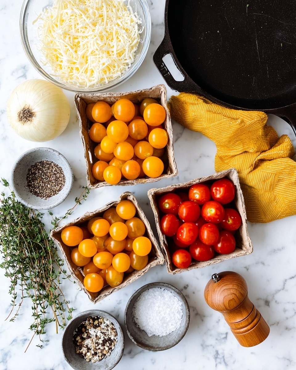 The image shows three small cardboard containers filled with cherry tomatoes, two containers with bright yellow tomatoes and one with red tomatoes, all round and shiny. Nearby are fresh green thyme sprigs, a whole white onion with its outer skin intact, and a clear glass bowl filled with shredded white cheese. There is a small black bowl with mixed seeds or seasoning and a small gray bowl with coarse white salt. A large black cast iron pan with a yellow cloth folded inside sits at the top right corner, and a wooden pepper grinder is placed near the bottom right. The items are arranged neatly on a white marbled surface photo taken with an iphone --ar 4:5 --v 7