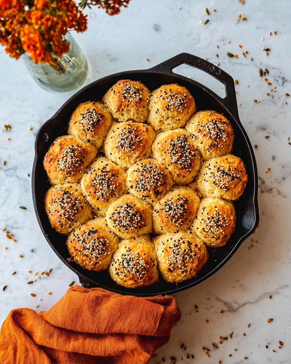 A black cast iron skillet filled with 16 golden brown biscuit tops arranged in a close circular pattern. Each biscuit has a rough, slightly bumpy texture with a crunchy crust sprinkled with black and white sesame seeds and coarse salt. The biscuits sit on top of a visible darker layer of cooked filling underneath, peeking out between the biscuit edges. The skillet is held with a woman's hand wrapped in an orange cloth, placed on a white marbled surface with some scattered seeds around. In the top corner, there is a glass vase holding small orange flowers. photo taken with an iphone --ar 4:5 --v 7