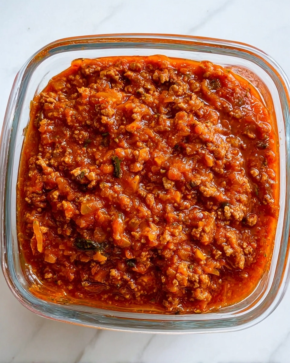 A clear glass container filled with thick reddish-orange sauce mixed with small pieces of cooked ground meat and finely chopped vegetables, showing a coarse texture with bits of onion and herbs spread evenly throughout the sauce, sitting on a white marbled surface photo taken with an iphone --ar 4:5 --v 7