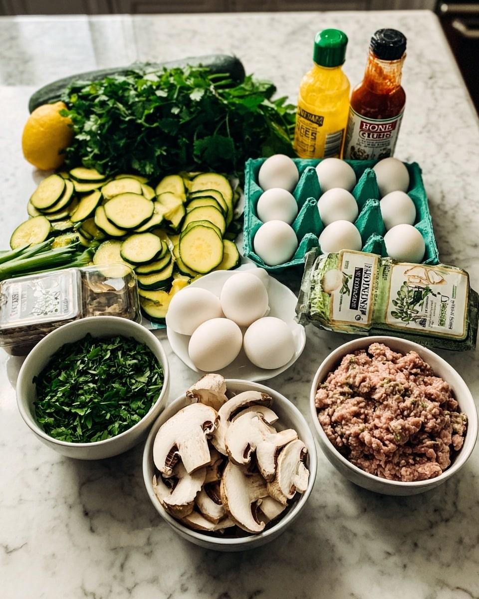 The image shows a kitchen counter with several food ingredients neatly arranged on a white marbled surface. From left to right, there are two white bowls filled with chopped green herbs and sliced white mushrooms in front. Behind the bowls, there is a pile of green leafy herbs and lemon wedges on the white marbled surface. Next to those, there are sliced yellow and green vegetables, likely zucchini, spread out flat. Two cartons of green eggs, raw ground meat, and three white eggs sit together in front of a jar of yellow mustard and a bottle of hot sauce. The colors are fresh and natural, with a mix of green, yellow, red, and white tones. The lighting is bright, showing all details clearly. Photo taken with an iphone --ar 4:5 --v 7