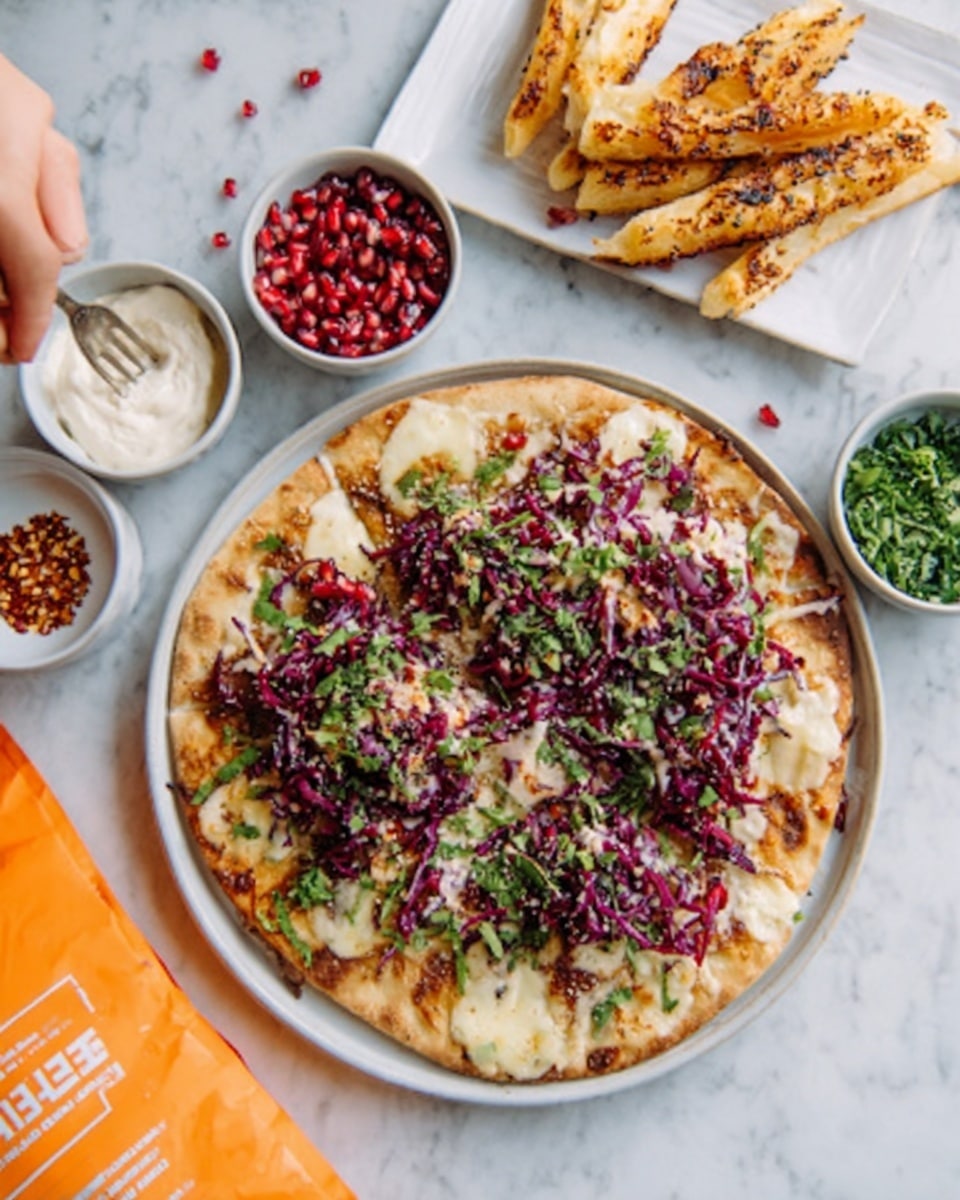 A round flat white plate with a flatbread pizza featuring three distinct layers: the base is a golden-brown crust with a slightly crispy texture, topped with a middle layer of melted cheese that is smooth and creamy with light golden spots, and an upper layer with shredded purple cabbage and chopped green herbs scattered evenly, adding fresh color and texture. Surrounding the plate are small white bowls containing creamy white sauce, bright red pomegranate seeds, and crushed red pepper flakes. A white rectangular plate with two cheese sticks that are golden and slightly charred is placed nearby. A woman's hand with a fork is reaching towards the pizza on a white marbled texture. Photo taken with an iphone --ar 4:5 --v 7