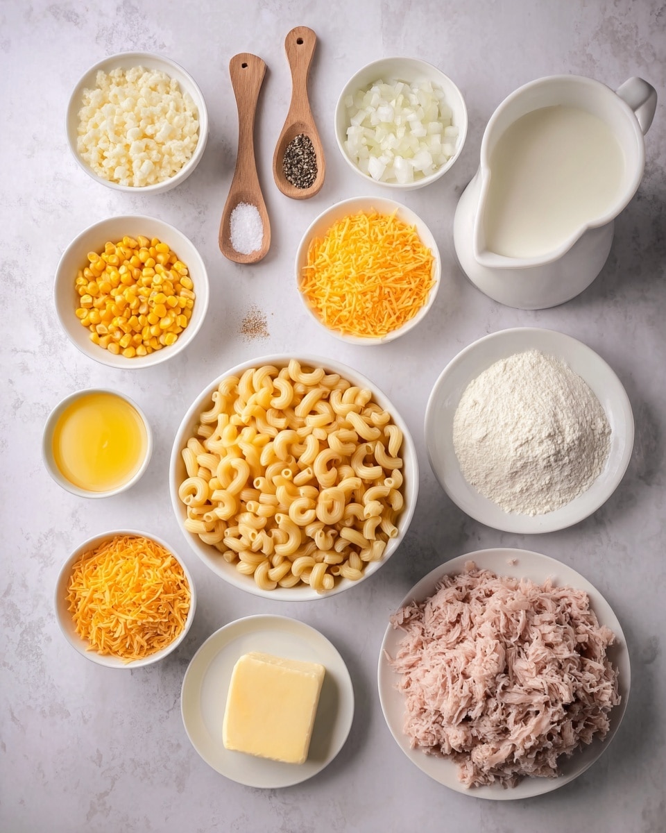 The image shows a top view of many ingredients neatly placed on a white marbled surface. In the center, there is a white bowl full of dry elbow macaroni, light golden in color and smooth in texture. Around it are small white bowls containing different ingredients: one with chopped white onions, one with finely grated pale yellow cheese, another with bright yellow corn kernels, and one with creamy corn mixture. There is also a mound of shredded cheddar cheese, bright orange and finely shredded in a white bowl. Nearby, a small white bowl holds melted butter, shiny and yellow. A pat of butter is placed on a small white plate, solid and pale yellow. Two wooden spoons hold salt and pepper side by side. A white bowl holds grated parmesan cheese with a light yellow shade, and another white bowl contains white flour. A white pitcher filled with milk is also visible. On the top right, a white plate is full of shredded pale pink tuna. The items are arranged carefully and evenly spaced. The photo taken with an iphone --ar 4:5 --v 7