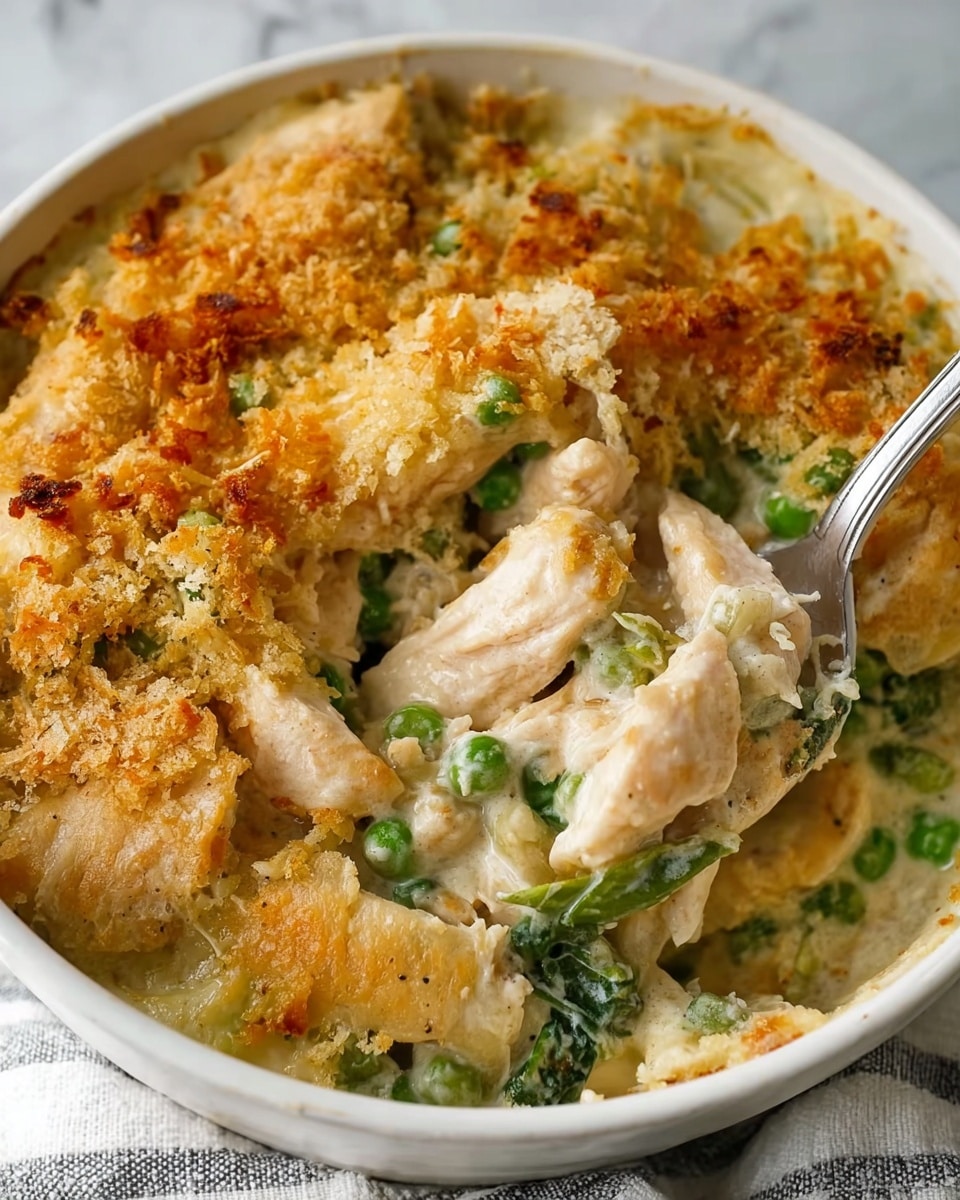 A close-up view of a creamy chicken and vegetable casserole in a white bowl, showing layers of tender, light beige chicken pieces mixed with green peas and spinach in a thick, smooth cream sauce. The top layer has golden brown, crispy breadcrumbs scattered unevenly, adding texture and contrast. A silver spoon partially scoops into the dish from the right side, revealing the creamy, soft layers underneath. The bowl sits on a white marbled surface with part of a striped cloth visible at the bottom. photo taken with an iphone --ar 4:5 --v 7