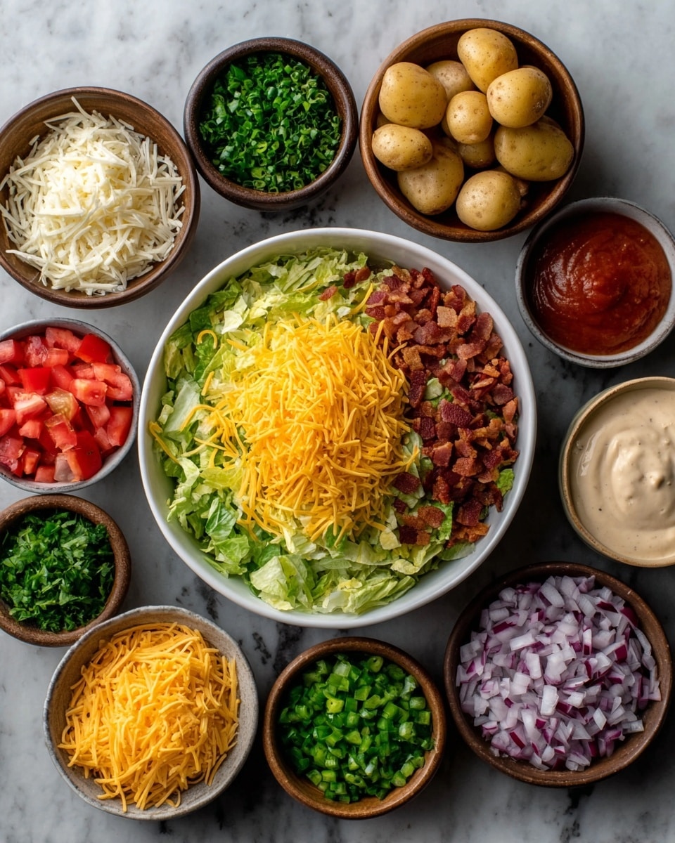 The image shows a white round bowl in the center filled with layers: green lettuce at the bottom, topped with bright yellow shredded cheese, small brown bacon pieces, and some red diced tomatoes. Around the bowl are smaller white bowls and wooden bowls placed on a white marbled surface. Each small bowl holds different ingredients: chopped green herbs, diced red tomatoes, small brown potatoes, a smooth light cream sauce, finely chopped green onions, shredded white and yellow cheese mix, chopped red onions, and a red sauce. A woman's hand gently holds the large bowl in the center. photo taken with an iphone --ar 4:5 --v 7