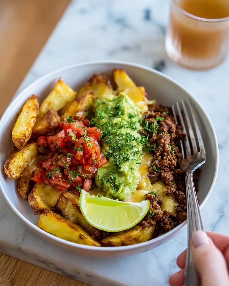 A white bowl sits on a white marbled surface holding a layered dish. The bottom layer is golden-brown roasted potato wedges with a slightly crispy texture. On top of the potatoes is a layer of cooked ground meat mixed with melted cheese that has a light yellow color. Above this is a chunky green guacamole layer, creamy and bright. Next, there is a fresh red tomato salsa with pieces of tomato and finely chopped herbs sprinkled on top. A wedge of lime is placed on the side inside the bowl. A woman's hand is holding a fork and knife resting beside the bowl. In the background, a glass with a light brown drink is blurred. Photo taken with an iphone --ar 4:5 --v 7