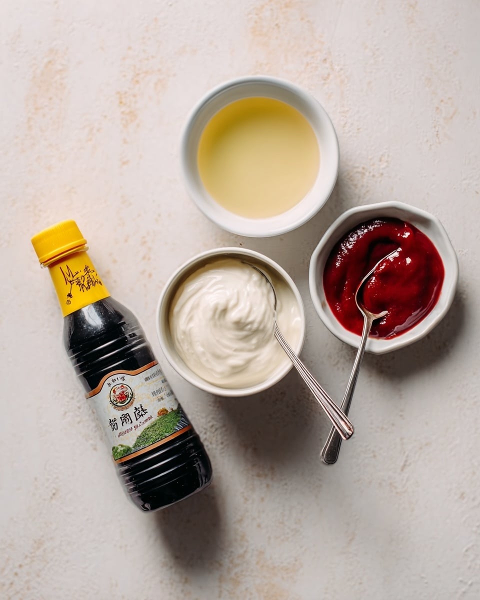 On a white marbled surface, there is a small white dish with a light yellow liquid, a small white bowl filled with thick creamy white sauce, a bottle of dark soy sauce with a yellow cap and Asian writing on the label, and a white dish with a red sauce and a silver spoon inside. The arrangement is neat, and the colors contrast well with the bright white background. photo taken with an iphone --ar 4:5 --v 7