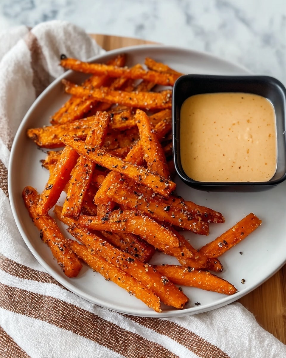 The image shows a white round plate with many orange roasted carrot sticks, seasoned with black pepper and small crispy bits on their surface. The carrot sticks have a rough texture with some slightly burnt edges. On the right side of the plate sits a small black square bowl filled with smooth, creamy beige sauce. A soft white cloth with brown stripes is placed beside the plate on a white marbled surface. photo taken with an iphone --ar 4:5 --v 7