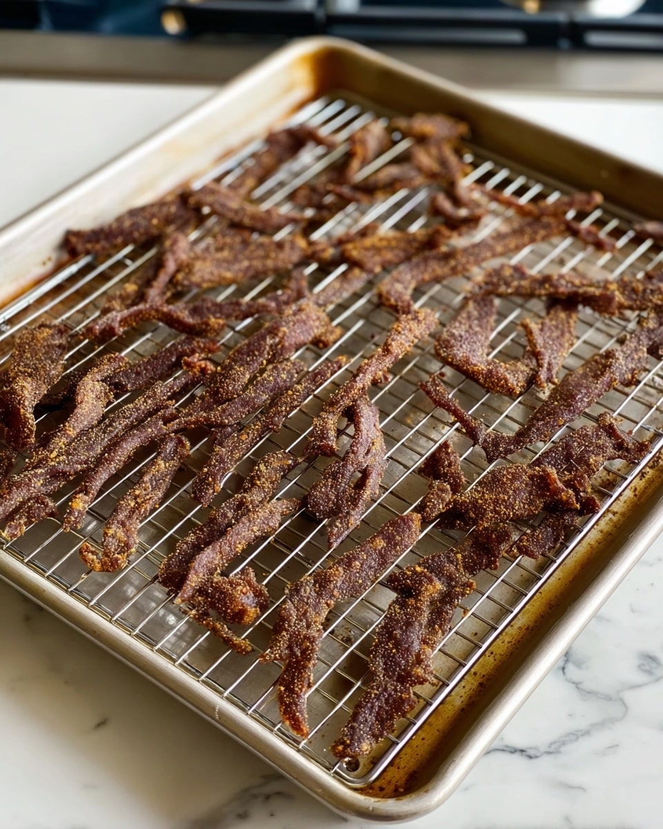 The image shows a metal baking tray with a wire rack on top, filled with many thin, irregularly shaped strips of dark brown fried food that look crunchy, with some spots of golden brown and light seasoning visible. The tray rests on a white marbled surface, and the background shows part of a stovetop with burners. The strips are spaced out in single layers across the rack, showing a rough texture and some small darker burnt spots. Photo taken with an iphone --ar 4:5 --v 7
