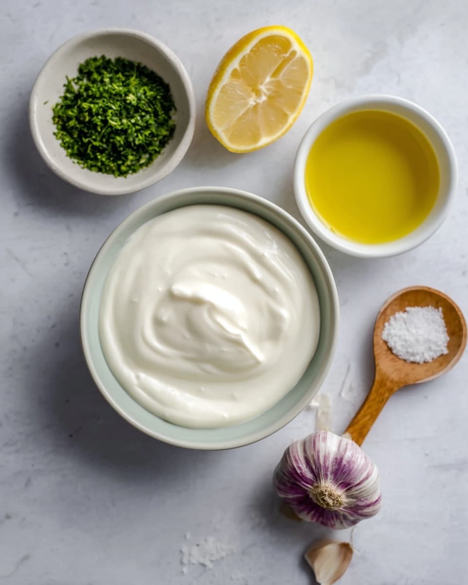 The image shows a white bowl filled with smooth, creamy white yogurt placed on a white marbled surface. Surrounding the bowl are four items: a white dish with finely chopped green herbs, a half lemon showing its yellow interior, a small white dish containing golden yellow olive oil, and a wooden spoon with coarse white salt. A whole garlic bulb with purple and white skin sits next to the spoon. All items are neatly arranged with soft natural light highlighting their textures and colors. Photo taken with an iphone --ar 4:5 --v 7